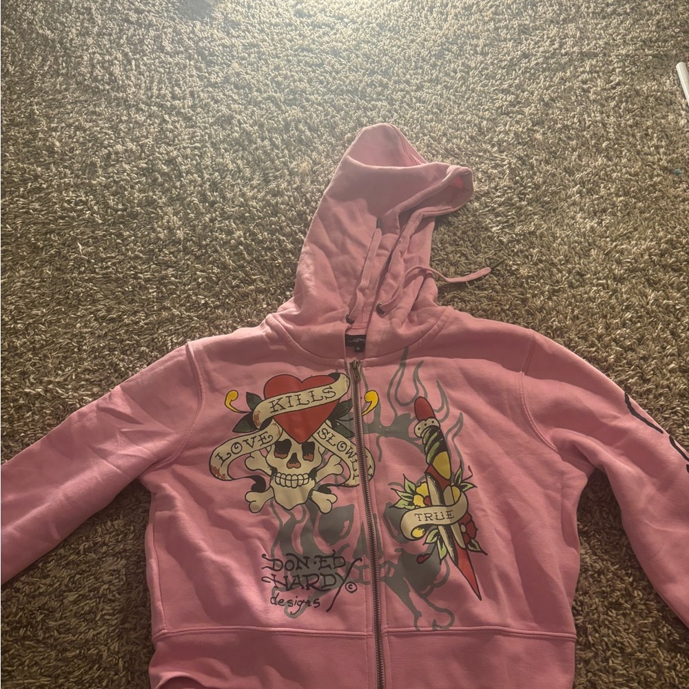 Pink Graphic  ed hardy crop hoodie